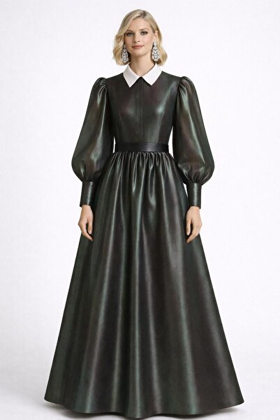 MERT ERKAN Silk Organza Maxi Shirt Dress with Balloon Sleeves & Reflection