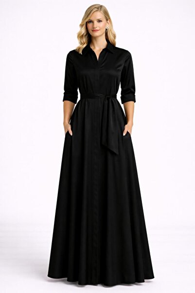 MERT ERKAN Maxi Boy, Cepli & Kuşaklı Siyah Saten Gömlek Elbise