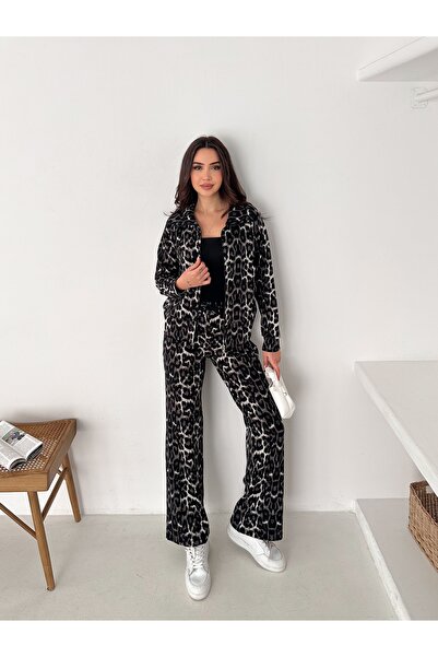 hiranurfashion Kadın Leopar Desenli Geniş Paça Fermuarlı ZR Krep Eşofman Takımı