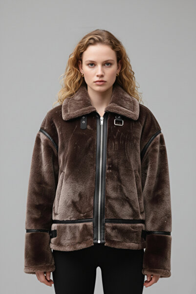 Safgiyim44 Brown Rabbit Fur Biker Jacket