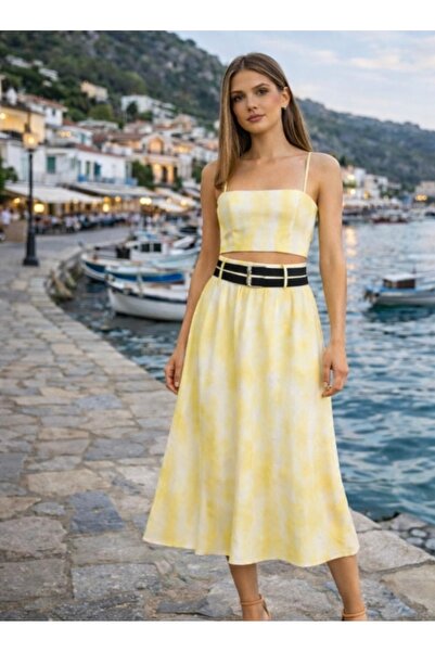 OYERGA MODA Set crop top și fustă dublă pentru femei