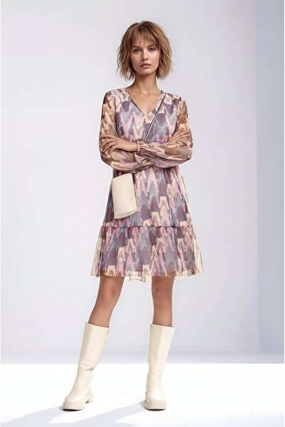 MAMAYAGA Kadın V Yaka Uzun Kol Rahat Kalıp Desenli Tül Elbise