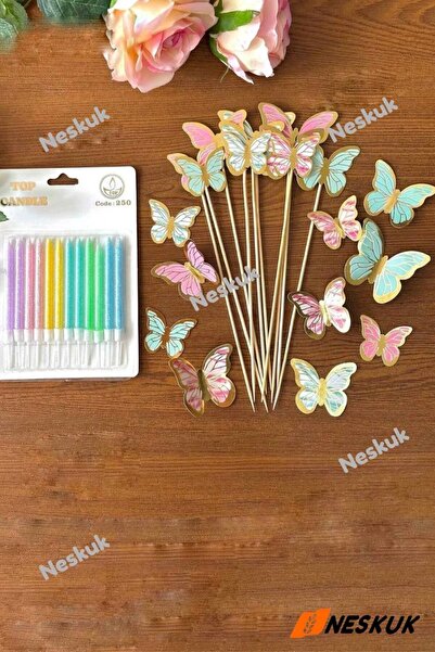 Neskuk 12 Colorful Birthday Cake Candles + Paper Butterfly Ornament