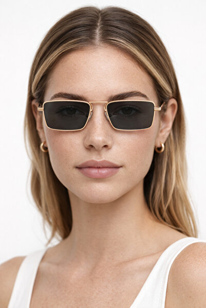 Houseofeyeris Aurix Gold Metal Frame Thin Rectangular Sunglasses – Black Lens...