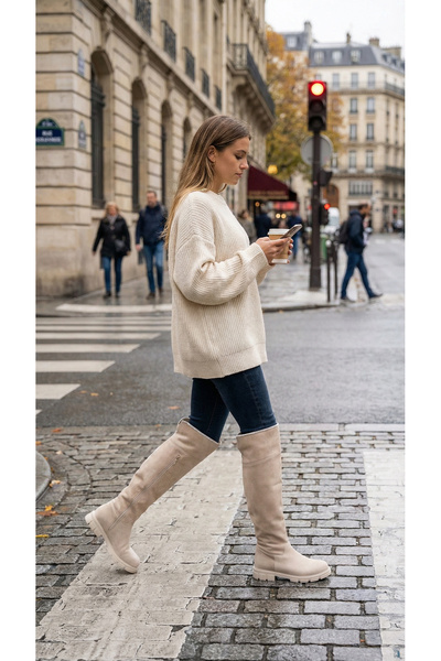 Ayakkabı Delisiyim Cizme de damă, culoare bej, piele intoarsa, pentru călărie, peste genunchi, cu talpă anti-alunecare, cu fermoar, Kety