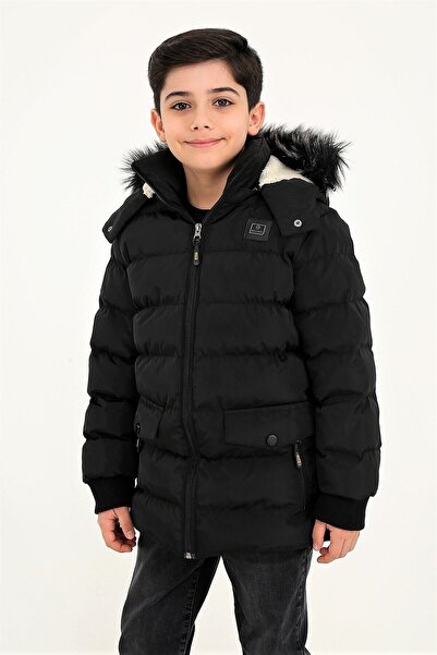 REGOS Erkek Siyah Çıkartılabilir Kapüşonlu Içi Kürklü Su Ve Rüzgar Geçirmez Ç...