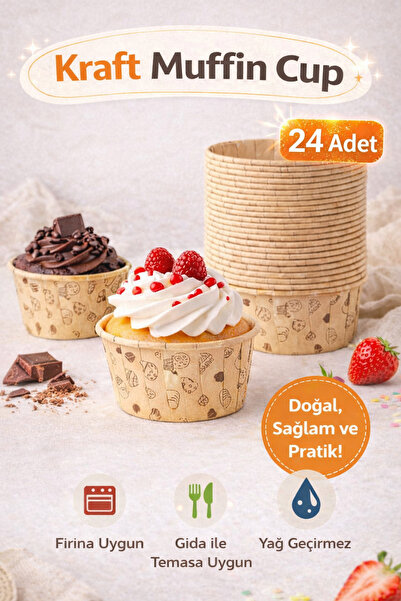 MİMOZA PARK 24 Lü Kraft Renk Desenli Muffin Kek Kalıbı Pasta Donut Baskılı Cu...