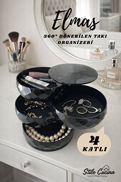 Stile Cucina منظم المجوهرات الماسي ذو 4 طبقات قابل للدوران باللون الأسود