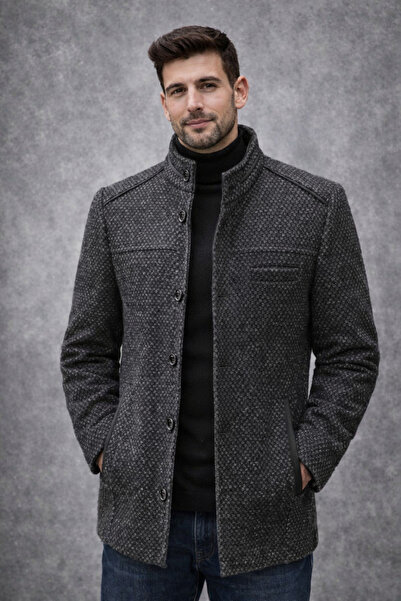 DYNAMO Men's Black Color Woolen Judge Collar Cashmere Coat 9005