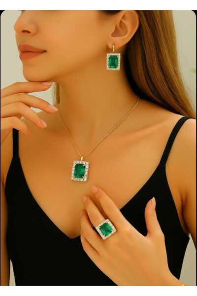 takıbahçesi 4'lü Kolye Küpe Yüzük Yeşil Taşlı Kare Set * Baget Model *