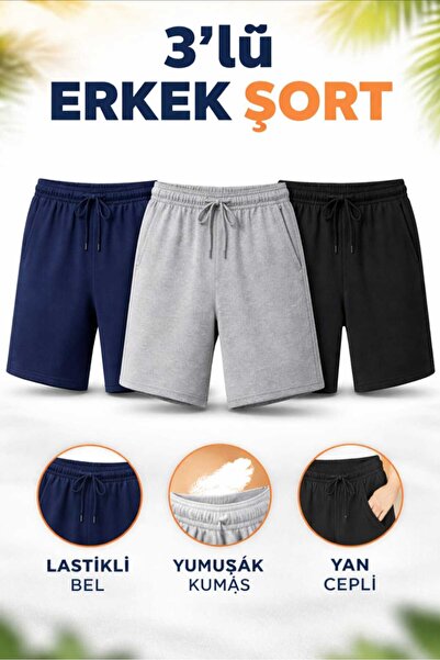 TREND ALİSSE 3 lü Erkek siyah-gri-lacivert rahat yazlık tatil bermuda Şort -c...