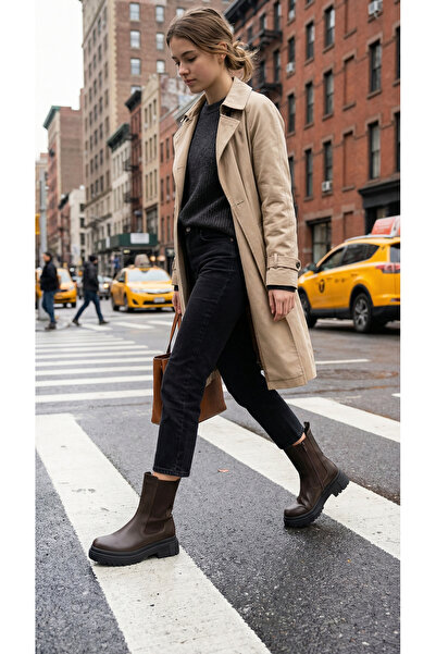 Ayakkabı Delisiyim Cizme scurte din piele maro pentru femei, cu talpă groasă elastică, impermeabile Harper