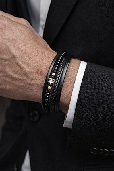 alyacs Men's Luxury |   Onyx Natural Stone Bracelet |   Black Leather with Go...