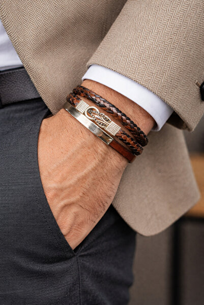 alyacs Erkek Lüks | Siyah & Kahverengi Deri Bileklik | Mıknatıslı Çelik Plaka...