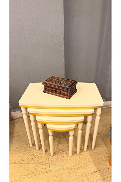 hgalpdesing 4'lü Lüx Mdf Ahşap Zigon Sehpa Krem Gold
