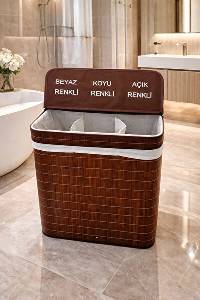 Tuğrastore Gönül Bambu Çamaşır Sepeti 52x32x60 3 Bölmeli 100 Lt