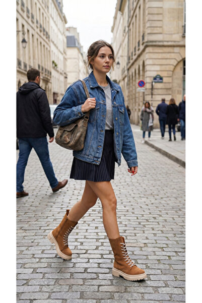 Ayakkabı Delisiyim Süet Taba Kadın Bot Postal Mia Bağcıklı İçten Fermuarlı Kalın Tabanlı Su Geçirmez