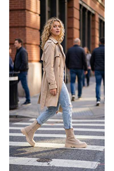 Ayakkabı Delisiyim Cizme de damă din piele intoarsa bej, model Mia, cu siret, cu fermoar interior, talpa groasa, rezistente la apa