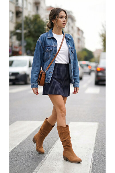 Ayakkabı Delisiyim Cizme de damă din piele intoarsa de culoare maro, cowboy occidental, talpa anti-alunecare, cu toc gros Emily