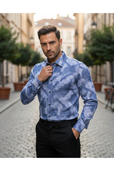 YusGos Uzun Kollu Pamuklu Desenli Regular Likralı Kışlık Erkek Gömlek