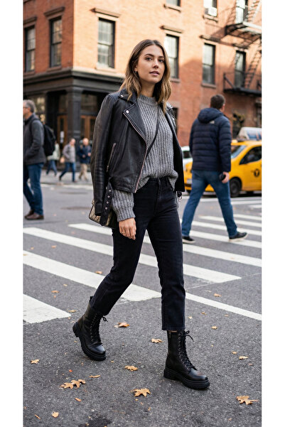 Ayakkabı Delisiyim Cizme de damă din piele neagră Rölaks, model Mia, cu șiret...