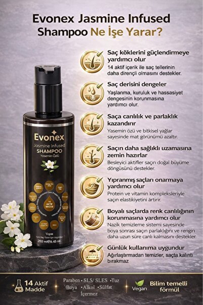 Evonex 14 Aktif Kompleksli Dökülme Karşıtı Şampuan 250ml –SLS, Sülfat, Paraben, Alkol, Tuz Boya İçermez