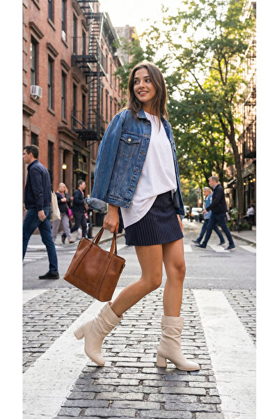 Ayakkabı Delisiyim Cizme de damă din piele bej cu toc Talpă anti-alunecare Toc gros Laura