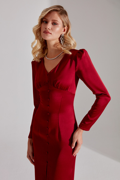 BETTY & SAM SANDRA KOYU KIRMIZI Önü Düğmeli Kalem Elbise