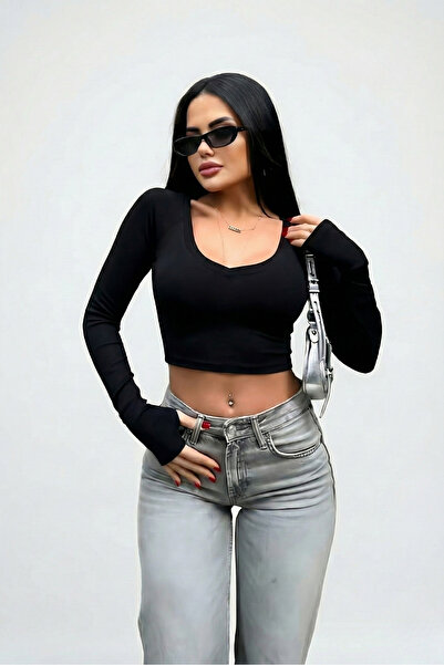 Windy Island Kadın Uzun Kollu V Yaka Parmak Geçirmeli Likralı Crop