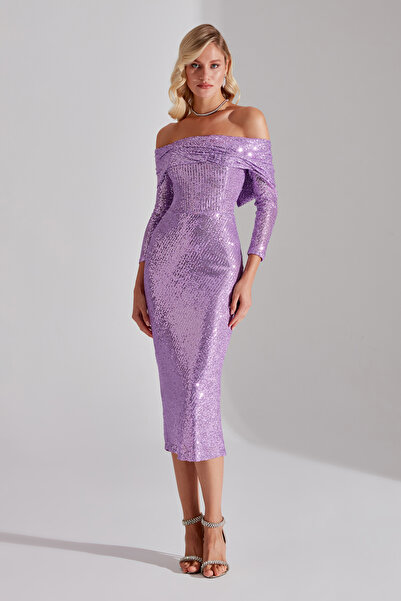 BETTY & SAM NATALIA Açık Lila Düşük Omuz Kalem Etek Gece Elbisesi