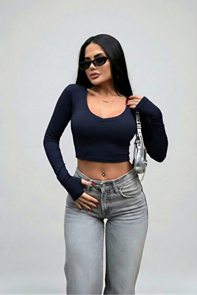 Windy Island Crop pentru femei cu mânecă lungă și decolteu în V material elastic