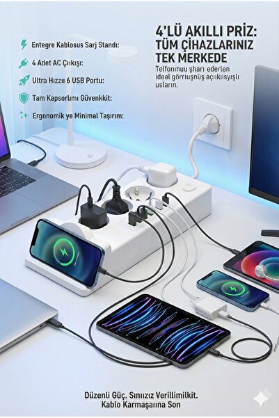 sonx 4'lü Akım Korumalı Priz ve Masaüstü Şarj İstasyonu 15W Kablosuz Şarj Standı Type-C Hızlı Şarj Çıkışı