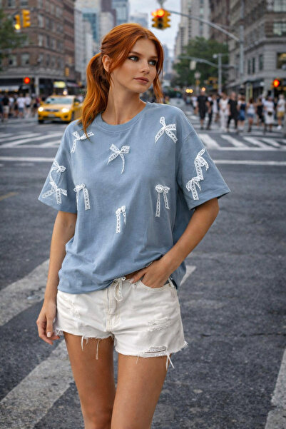 OYERGA MODA Γυναικείο μπλουζάκι με λεπτομέρεια από φιόγκο, 100% βαμβάκι