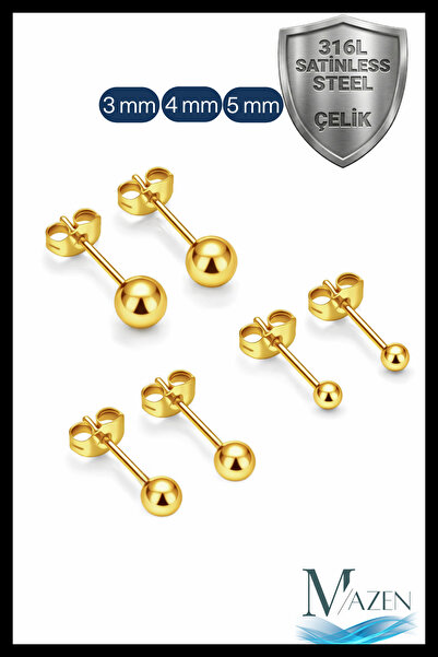 MAZEN Gold Renk Cerrahi Çelik 316L Kararmaz Toplu  Küpe Özel Seri (3 Çift 3 F...