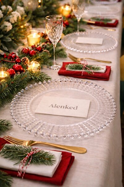 Alenked Home Set de 6 farfurii transparente cu margele – aspect de sticlă, farfurie pentru masă și prezentare, 34 cm