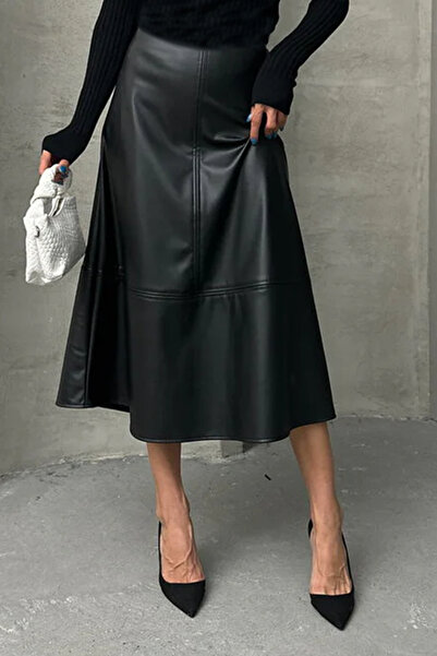 SWARIUS Kadın Midi Boy Yüksek Bel A Kesim Deri Etek Siyah