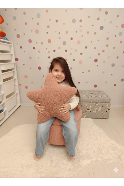 pufftable peluş yıldız yastık kırlent içi dolgulu pembe teddy kumaş büyük boy