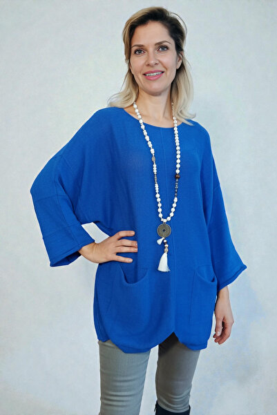 SHOPPEBUTİK Mercerized Cotton Knitwear Tunic Sweater with Pockets - Loose Ove...