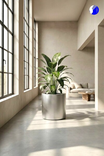 SAMAT Gümüş Renk Fiber Saksı - 50cm x 50 cm - İç ve Dış Mekan Uyumlu, Modern ...