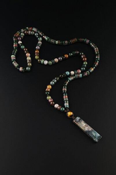 Seven Art Jewelry Doğal Taş Kolye, Hint Akiği Uçlu, Bohem Kolye, Hediye Kolye