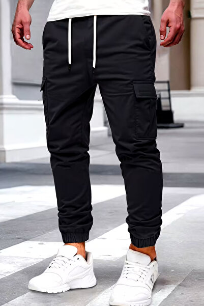 VIKUNYA New Season Black Men's Linen Cargo Pants with Side Pockets Cotton Quality Cargo Pants New Season