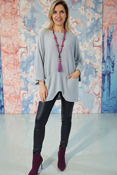 SHOPPEBUTİK Mercerized Cotton Knitwear Tunic Sweater with Pockets - Loose Ove...