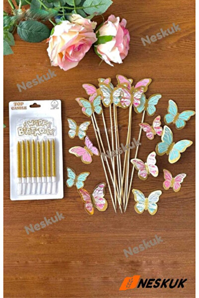 Neskuk 8-Piece Gold Glitter Birthday Cake Candle + Paper Butterfly Ornament