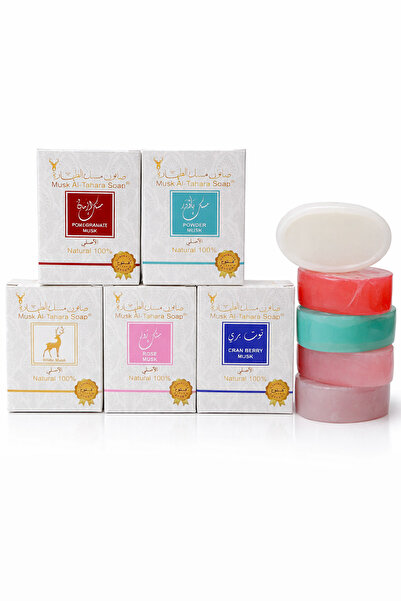 MUSK AL TAHARA 5 صابون مسكالمسك الأبيض، المسك البودرة، المسك الوردي، المسك الرمان، المسك التوت البريروائح
