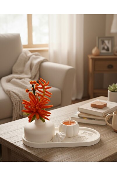 Store El Yapımı Şönil Çiçekli Dekoratif Set | Taş Tozu Vazo, Tepsi & Mum Dahil