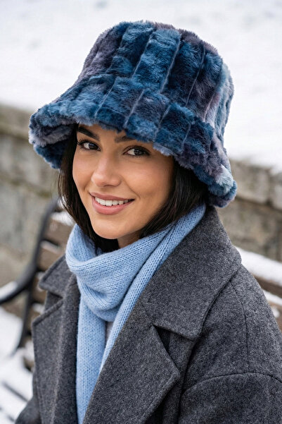 Kapin Lacivert Fitilli Desen Peluş Bucket Şapka