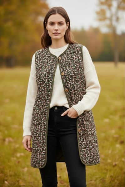 güzsokak17 Kapitoneli Siyah Çiçekli Pazen Yelek (Uzun)