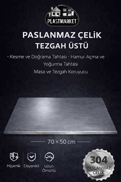 PLASTMARKET Paslanmaz Çelik Tezgah Üstü Kesme Tahtası, Hamur Yoğurma Tahtası,...
