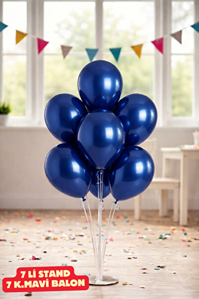 Baloncu Nene 70 Cm 7 Li Balon Standı 7 Adet Mavi Parlak Balon Kutlama Doğum G...