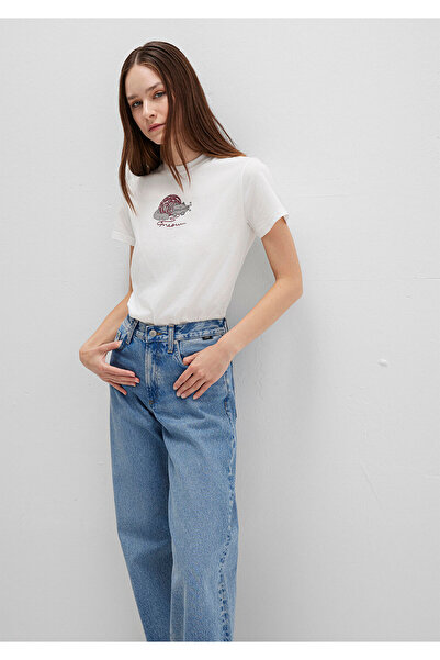 Mavi Kedi Baskılı Beyaz Tişört Semi Slim Fit / Yarı Dar Kesim 1613422-70057